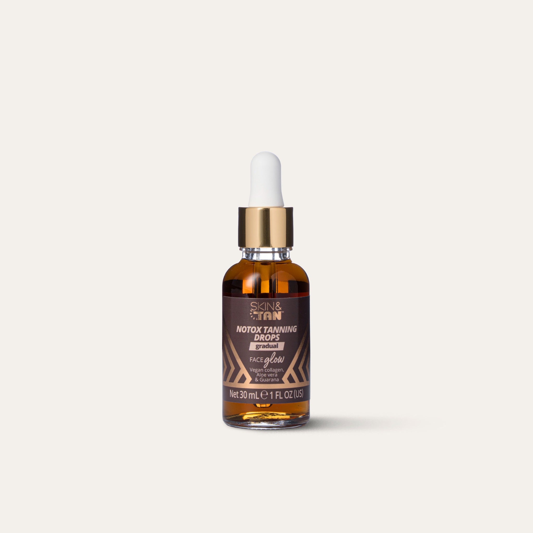 Skin & Tan Notox Face Tanning Drops 30ml on a cream background