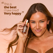 Model holding Notox Face Tanning Drops with customer review