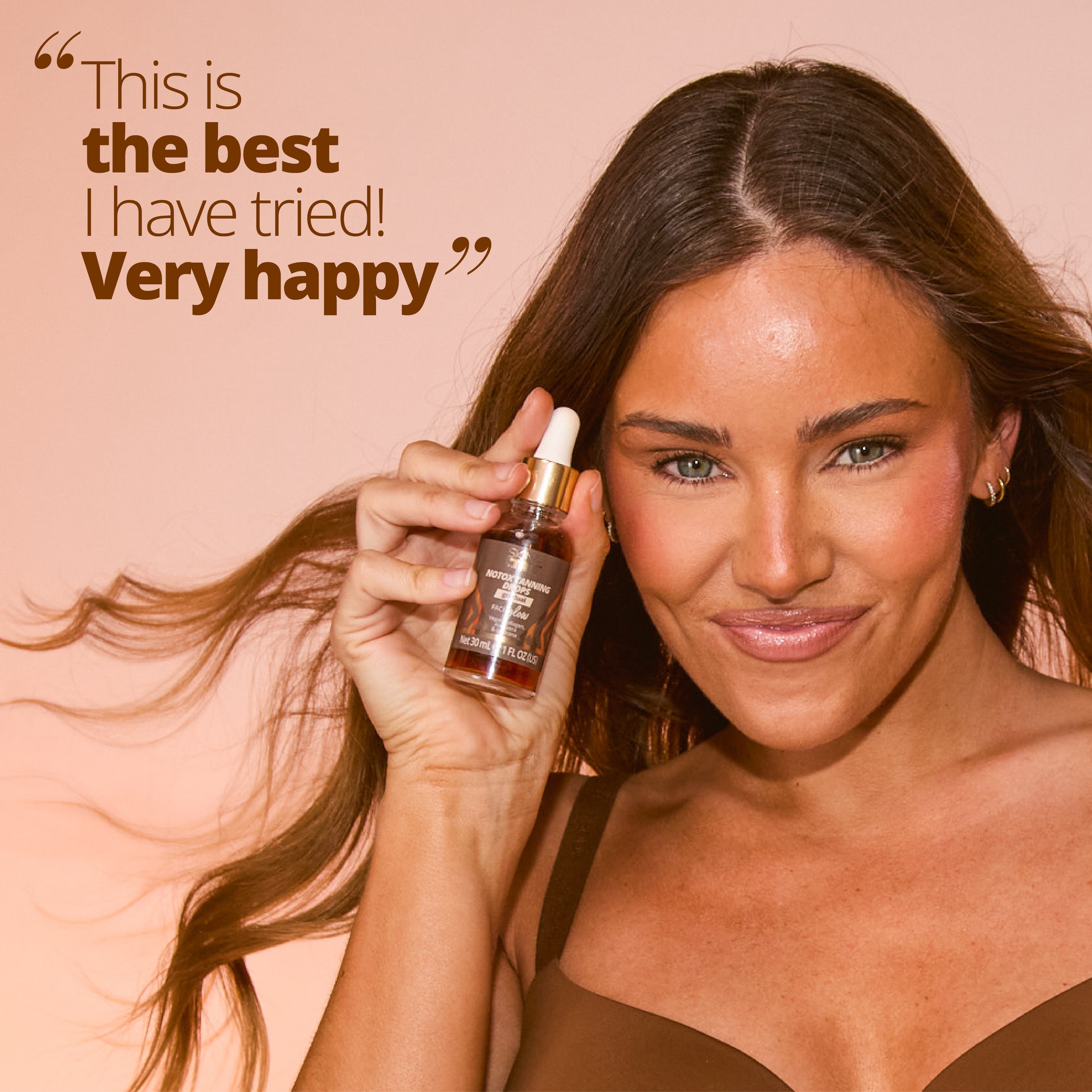 Model holding Notox Face Tanning Drops with customer review